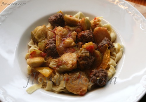 tagliatelle with Brussels sprouts and meatballs