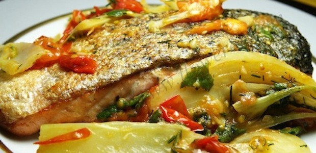 salmon with young garlic and tomatoes