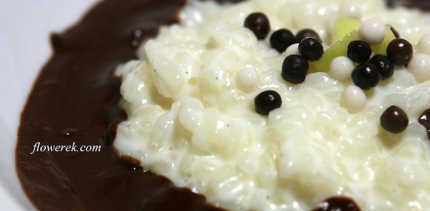 Rice pudding with chocolate sauce