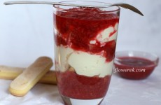 Rhubarb and raspberry dessert in a cup