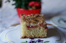 Rhubarb yeast cake with coconut crumble topping